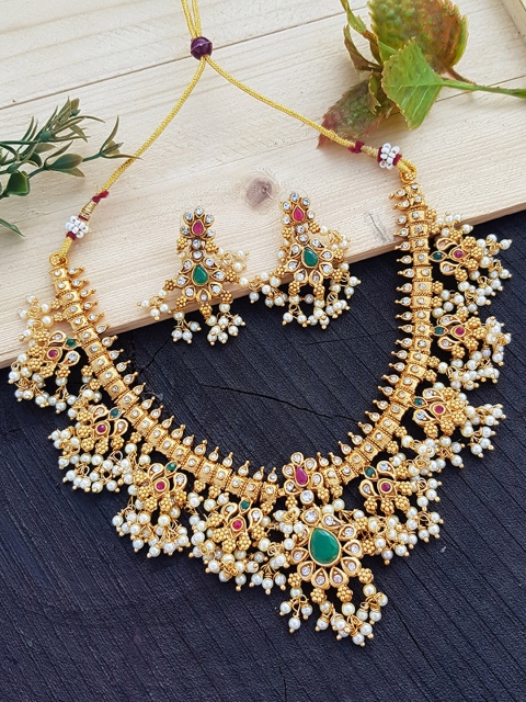 

GRIIHAM Gold-Plated White & Red AD-Studded Jewellery Set