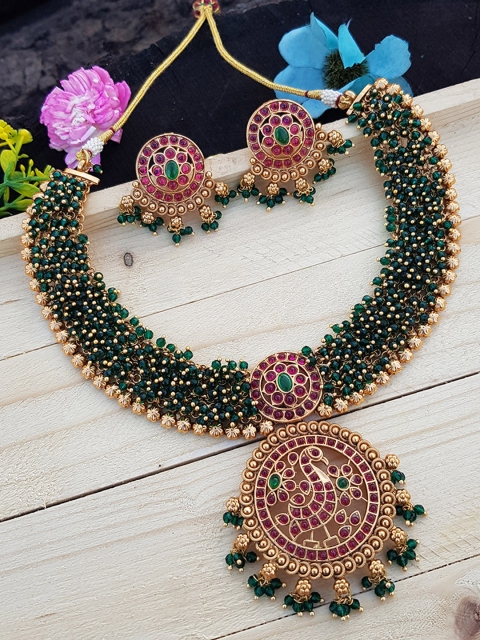 

GRIIHAM Gold-Plated Red & Green AD-Studded & Beaded Jewellery Set