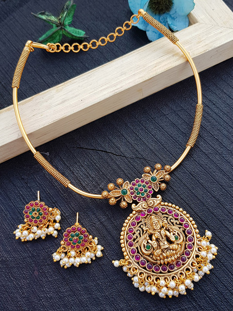 

GRIIHAM Pink & Green Gold-Plated AD-Studded & Beaded Jewellery Set