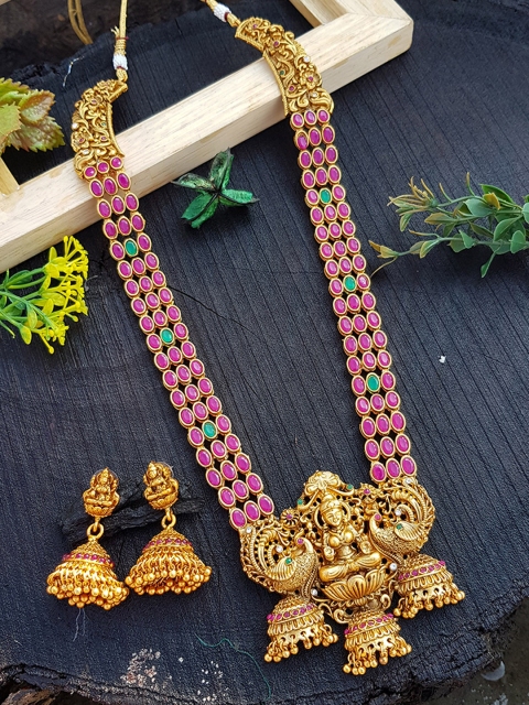 

GRIIHAM Gold Plated Pink & Green AD Studded Jewellery Set