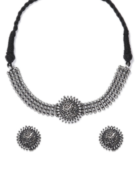 

GRIIHAM Silver-Toned Stone-Stunned Oxidised Victorian Jewellery Set