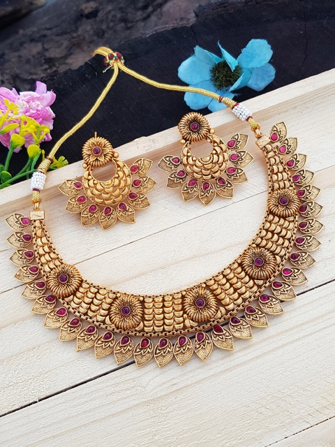 

GRIIHAM Gold-Plated & Red AD-Studded Jewellery Set
