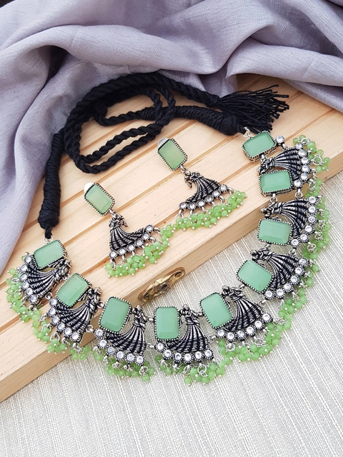 

GRIIHAM Oxidised Silver-Toned Green & White AD Stone Studded & Beaded Jewellery Set