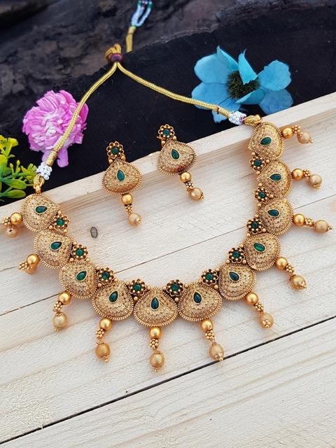 

GRIIHAM Gold-Plated Green AD Studded Jewellery Set