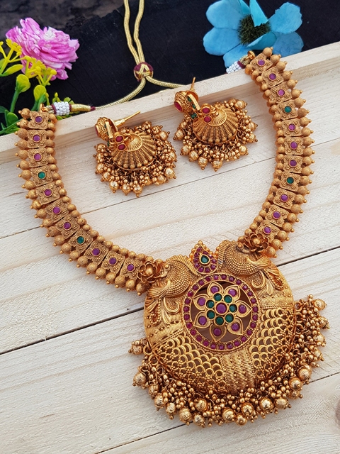 

GRIIHAM Gold-Plated Pink & Green AD-Studded Royal Jewellery Set