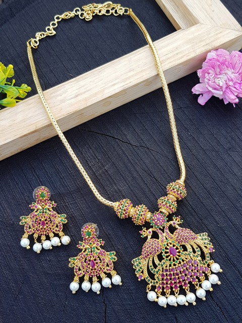 

GRIIHAM Gold-Plated & Pink AD-Studded & Beaded Jewellery Set