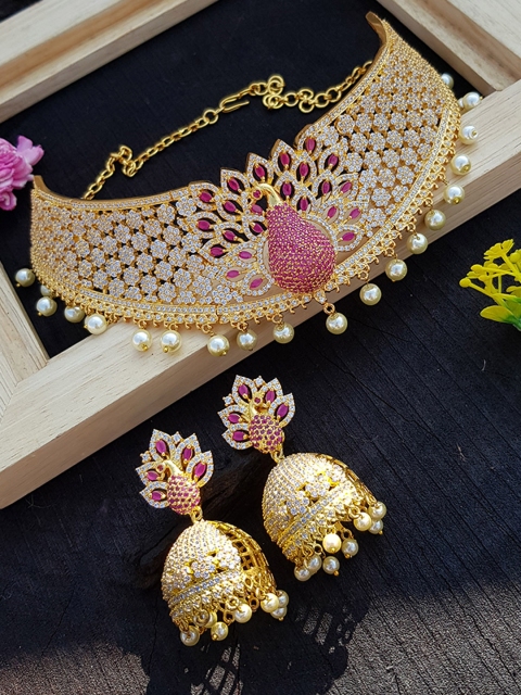 

GRIIHAM Gold Plated White & Pink AD Studded & Beaded Jewellery Set
