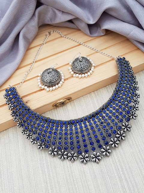 

GRIIHAM Silver-Toned & BlueOxidised AD-Studded & Beaded Jewellery Set