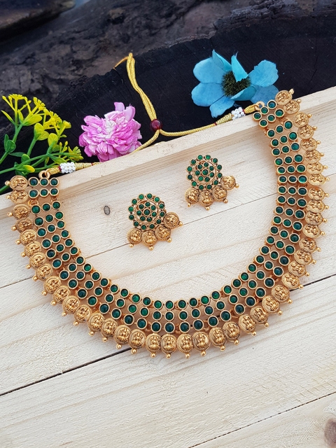 

GRIIHAM Woman Gold-Plated Green AD-Studded3 Line Laxmi Jewellery Set