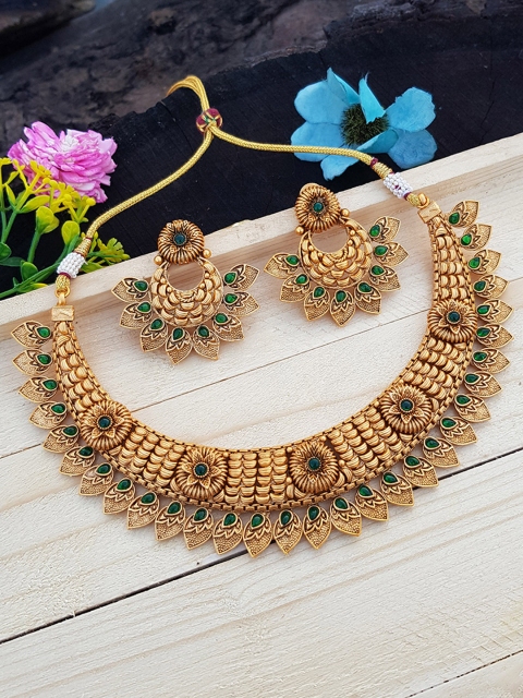 

GRIIHAM Gold-Plated & Green Studded Brass Jewellery Set