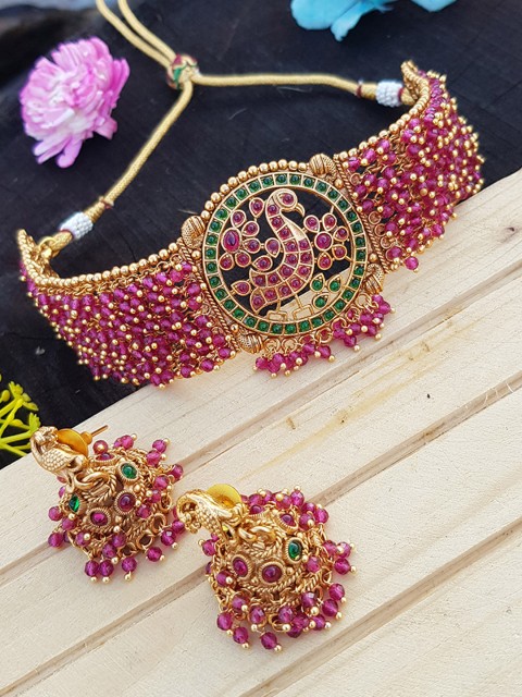 

GRIIHAM Women Gold-Plated Stone Studded & Beaded Jewelry Set