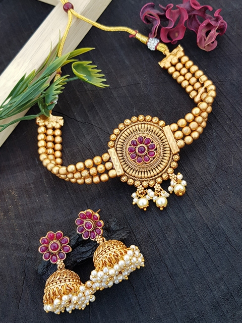 

GRIIHAM Gold-Plated & Magenta-Pink AD-Studded Antique Jewellery Set