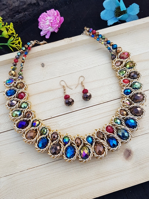 

GRIIHAM Gold-Plated Blue & Purple AD Studded Jewellery Set