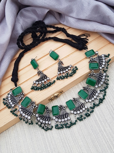 

GRIIHAM Oxidised Silver-Toned Green AD Studded & Beaded Jewellery Set