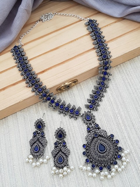 

GRIIHAM Oxidised Silver-Toned & Blue AD-Stone Studded Jewellery Set