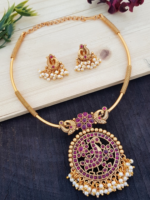 

GRIIHAM Gold-Plated Pink & White AD Studded & Beaded Jewellery Set