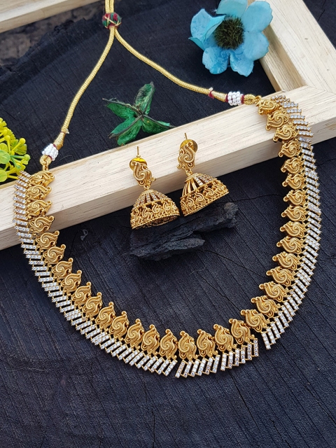 

GRIIHAM Gold-Toned & White AD-Studded Jewellery Set