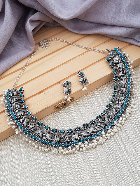 

GRIIHAM Oxidised Silver-Toned Turquoise Blue AD-Studded Jewellery Set