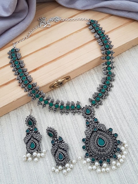 

GRIIHAM Oxidised Silver-Toned & Green AD-Studded & Beaded Jewellery Set