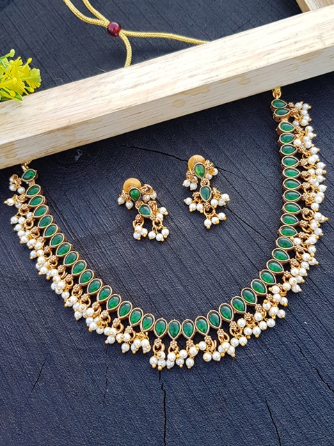 

GRIIHAM Gold-Toned Green & White AD-Studded & Beaded Jewellery Set