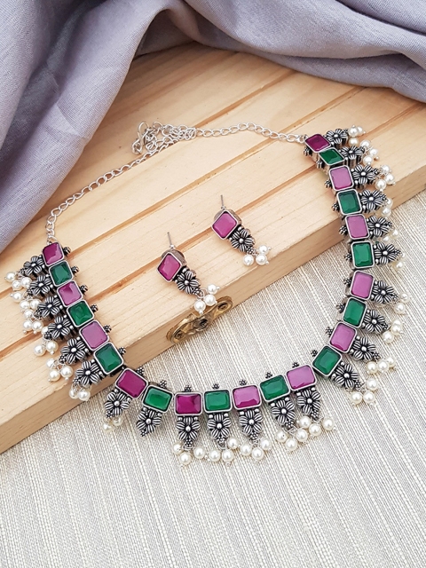 

GRIIHAM Oxidised Silver-Toned Green & Purple AD Studded & Beaded Jewellery Set