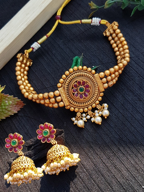 

GRIIHAM Woman Gold-Plated Pink & Green AD-Studded & Beaded Choker Jewellery Set