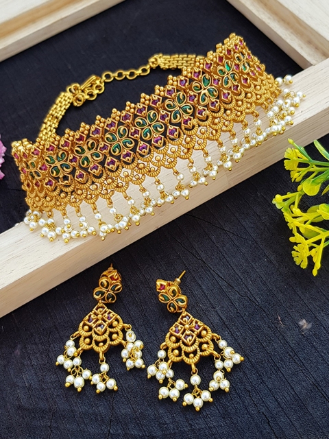 

GRIIHAM Gold-Plated Green & Pink Kemp-Studded & Off-White Beaded Jewellery Set