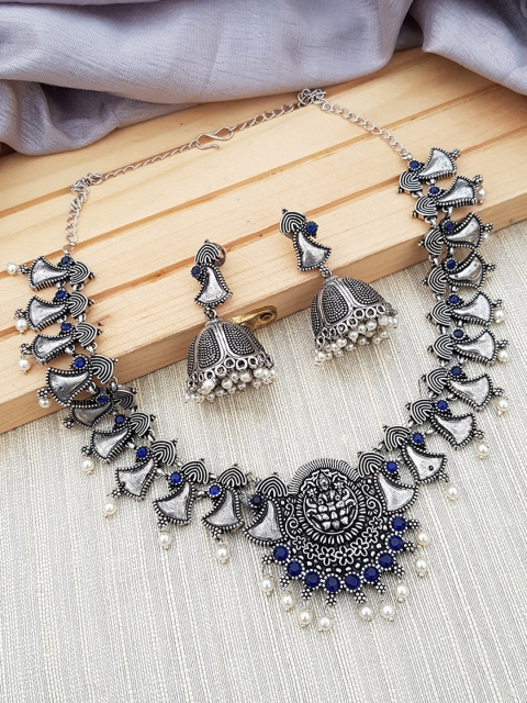 

GRIIHAM Blue & Silver Toned Oxidised Stone Studded Jewellery Set