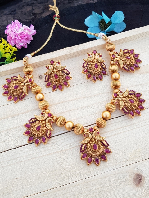 

GRIIHAM Gold-Plated Red AD-Studded Jewellery Set