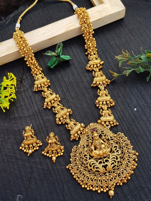 

GRIIHAM Gold-Plated Red AD-Studded Antique Jewellery Set