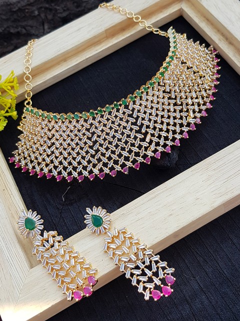 

GRIIHAM Gold-Plated Pink & Green AD-Studded Jewellery Set