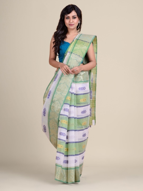 

Charukriti White & Green Ethnic Motifs Zari Pure Cotton Taant Saree