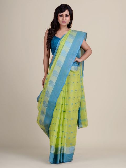 

Charukriti Green & Blue Woven Design Zari Pure Cotton Taant Saree