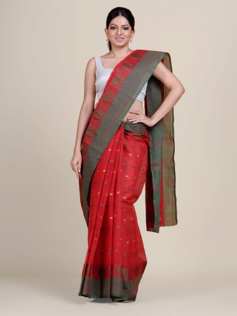 

Charukriti Red & Grey Woven Design Pure Cotton Taant Saree