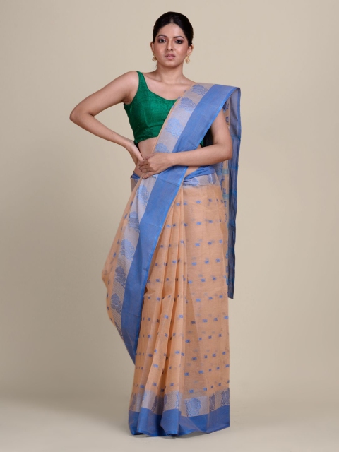 

Charukriti Beige & Blue Woven Design Pure Cotton Taant Saree