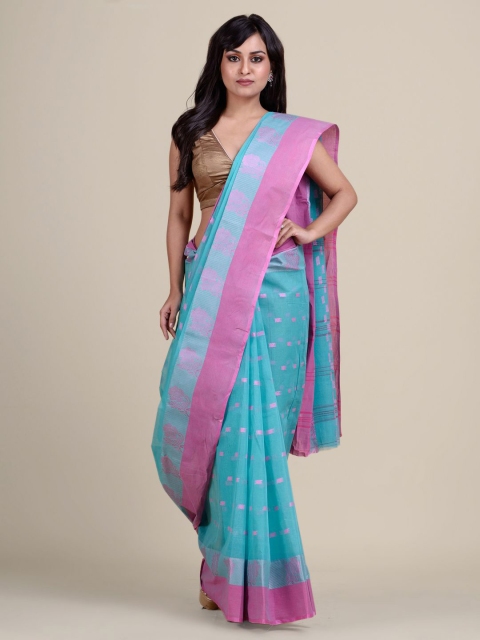 

Charukriti Blue & Pink Floral Pure Cotton Taant Saree