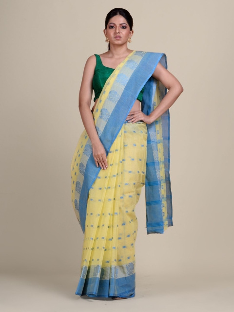 

Charukriti Off White & Blue Woven Design Pure Cotton Taant Saree