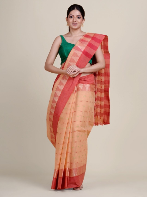 

Charukriti Beige & Red Pure Cotton Taant Saree