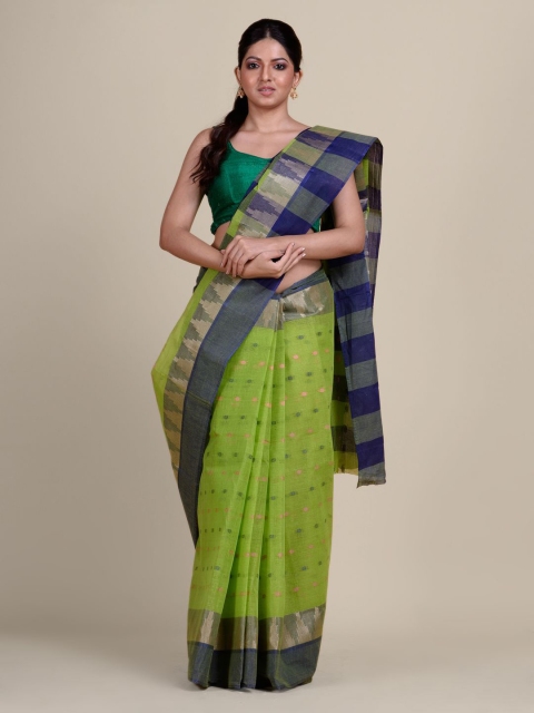 

Charukriti Green & Navy blue Woven Design Taant Pure Cotton Saree