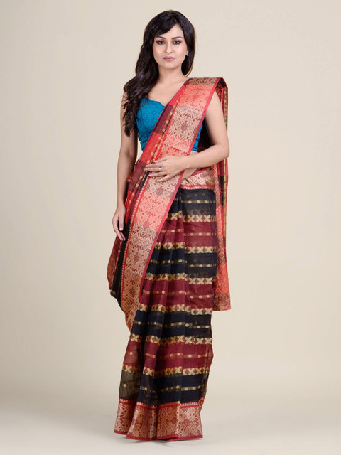 

Charukriti Red & Black Woven Design Zari Pure Cotton Taant Saree