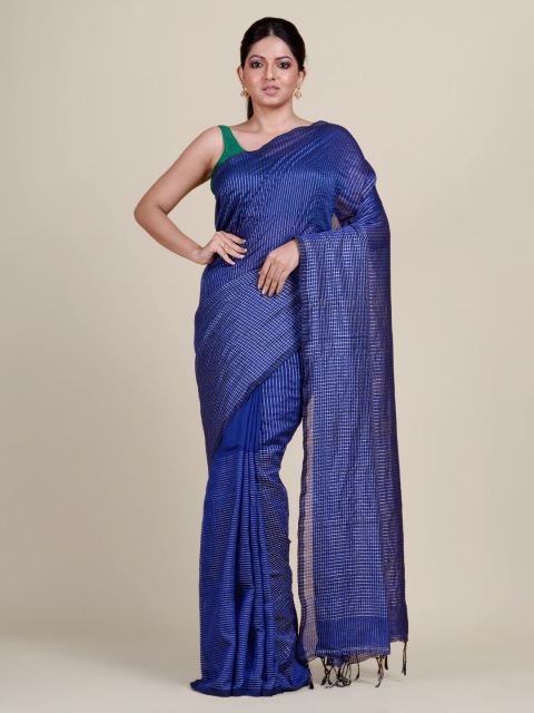 

Charukriti Blue & Gold-Toned Striped Pure Cotton Khadi Saree
