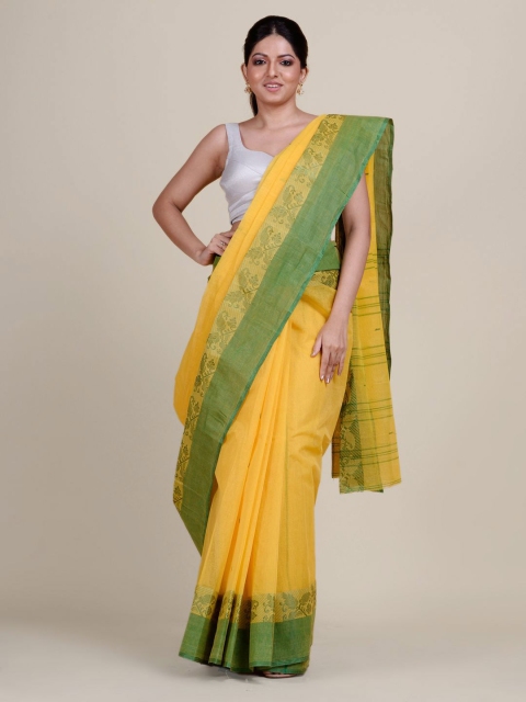 

Charukriti Yellow & Green Woven Design Pure Cotton Taant Saree
