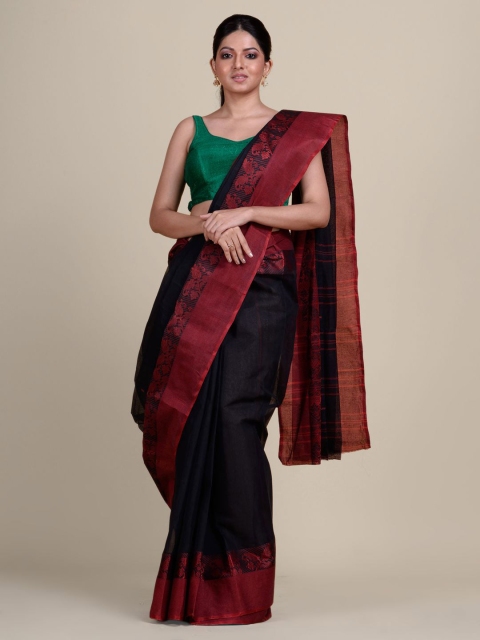 

Charukriti Black & Maroon Woven Design Pure Cotton Taant Saree