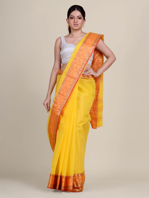 

Charukriti Yellow & Red Ethnic Motifs Zari Pure Cotton Taant Saree