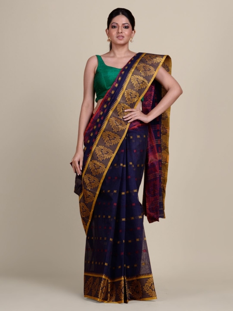 

Charukriti Blue & Gold Ethnic Motifs Zari Pure Cotton Taant Saree