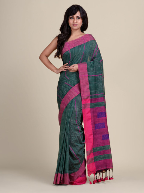 

Charukriti Green & Pink Striped Pure Cotton Taant Saree