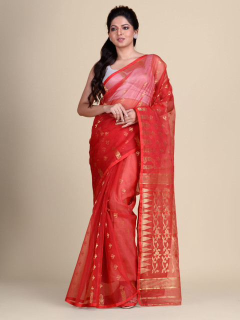 

Charukriti Red & Gold-Toned Woven Design Pure Silk Jamdani Saree