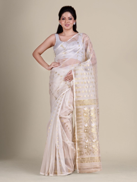 

Charukriti White & Gold-Toned Ethnic Motifs Pure Silk Jamdani Saree