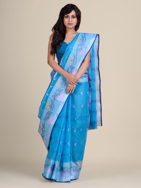 

Charukriti Blue & Pink Pure Cotton Taant Saree