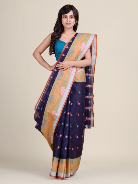

Charukriti Blue & Orange Floral Pure Cotton Taant Saree